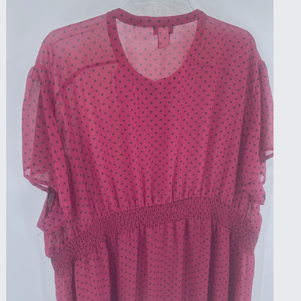 Torrid Womens Blouse 4 Burgundy Polka Dot Ruffle Smocked Waist Chiffon Top - Picture 7 of 7